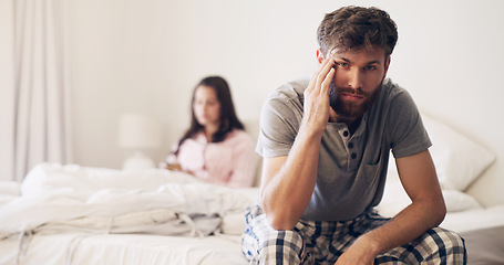 Image showing Angry couple, divorce and fight on bed in disagreement, conflict or toxic relationship at home. Upset and frustrated man and woman fighting, breakup or argument from affair or infertility in bedroom