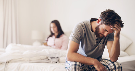 Image showing Angry couple, argument and fight on bed in disagreement, conflict or toxic relationship at home. Upset and frustrated man and woman fighting, breakup or divorce from affair or infertility in bedroom