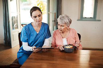 Image showing Elderly woman, nurse and breakfast tablet for reading, video or news online for focus together in nursing home. Retirement, women and digital touchscreen at table for food, nutrition info or diet app