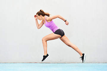 Image showing Woman, fitness and running on mockup for exercise, cardio training or healthy workout outdoors. Fit, active and sporty female person or runner exercising for health and wellness on mock up space