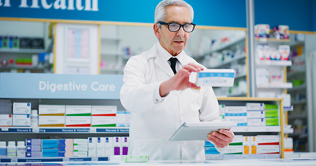 Image showing Pharmacist product, tablet and elderly man reading pharmaceutical, pills box or package info. Analysis, pharmacy medicine and male chemist research supplement prescription information for healthcare