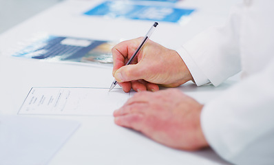 Image showing Pharmacy hands, pen and person writing prescription, information or instruction for healthcare service. Hospital retail dispensary, clinic support and pharmacist, chemist or doctor write advice