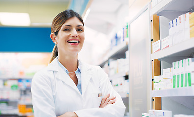 Image showing Pharmacy shelf, portrait and happy woman, arms crossed and pharmacist in drugs store, dispensary or retail shop. Hospital commerce store, medicine product and person confident in service clinic