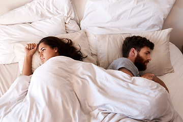 Image showing Angry people, couple and fight in bed in the morning feeling frustrated from divorce talk. Marriage problem, conflict and fighting in a bedroom at home with anger argument and communication issue