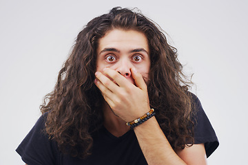 Image showing Portrait, mockup and man with surprise, wow and confident guy against a white studio background. Face, male person and model with facial expression, shocked and with omg, emoji and body language