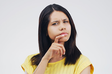 Image showing Mockup space, portrait of woman and thinking against a white background. Remember, solution planning for decision and isolated female person face with her problem solving against a studio backdrop.