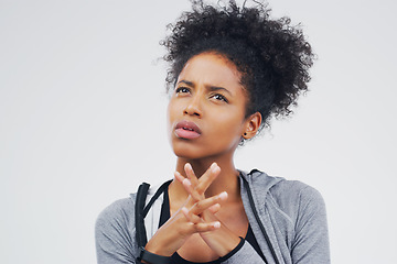 Image showing Face, isolated and black woman thinking of fitness, workout idea or doubt planning and health goals. Girl, think or plan decision for training, gym or remember sport ideas on white background