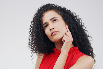 Image showing Thinking, confused and woman in studio with decision on mockup, space and white background. Doubt, contemplating and female person wondering, choice and solution, problem solving and puzzled emoji