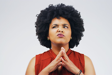 Image showing Confused, smirk and woman in studio thinking on mockup, space and white background. Doubt, emoji and face of African female person with option, choice and unsure or suspicious expression isolated