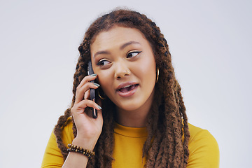 Image showing Phone call, chat and woman talking in studio isolated on a white background. Cellphone, conversation and African female person in communication, speaking or discussion, listening or networking online