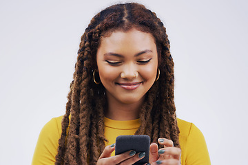Image showing Phone, happy and face of woman on a white background with smile for social media, internet and online chat. Communication, studio and female person on smartphone for website, mobile app and texting
