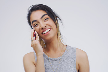 Image showing Phone call, funny or portrait of woman talking in studio isolated on white background. Cellphone, laughing or face of female person in communication, speaking or discussion with comedy or comic joke