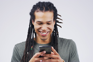 Image showing Phone, happy and black man in studio online with smile for social media, internet and chatting. Communication mockup, white background and male person on smartphone for website, mobile app or network