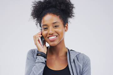 Image showing Phone call, smile and portrait of black woman talking in studio isolated on a white background with mockup. Cellphone, happy and face of African female person in communication, speaking or discussion