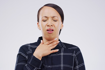 Image showing Woman, sore throat and virus in pain, allergies or bacteria against a white studio background. Sick female person touching neck from cough, allergy or flu symptoms of cold fever, illness or infection