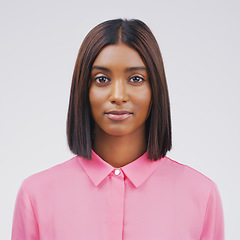 Image showing Portrait of real Indian woman, white background and positive mindset in university profile picture of student. Focus, opportunity and education, face of young college girl isolated on studio backdrop