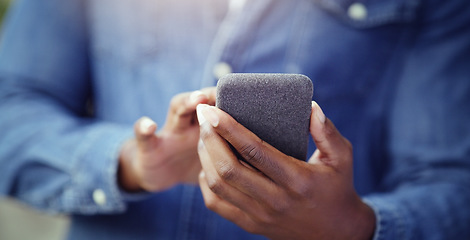 Image showing Person, hands and smartphone for social media with communication and technology with internet. People online, scroll mobile app with connectivity and chat, browsing and texting closeup