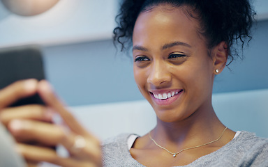 Image showing Phone, happy and woman in bed online for social media post, internet humor and funny text message. Communication, home and female person in bedroom on smartphone for mobile app, website and chatting