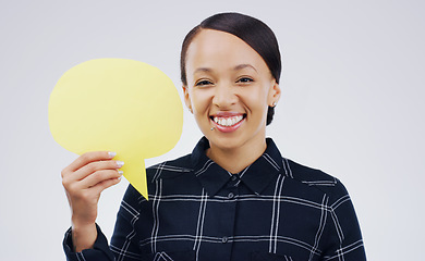 Image showing Happy woman, portrait and speech bubble for social media, question or FAQ with smile against a white studio background. Excited female person smiling with sign for comment, message or mockup space