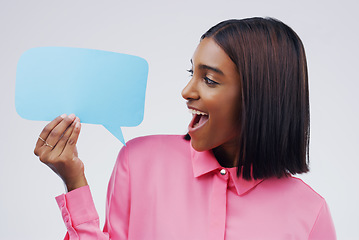 Image showing Woman is excited, speech bubble and social media with mockup space and online branding on white background. Communication, surprise announcement and female person with news and advertising in studio