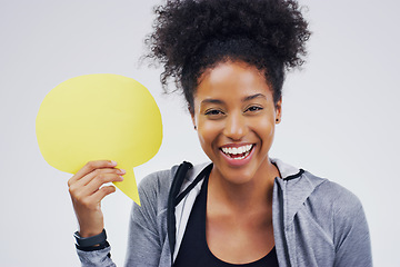 Image showing Happy black woman, portrait smile and speech bubble for social media, question or FAQ against a white studio background. African female person smiling with sign for comment, message or mockup space