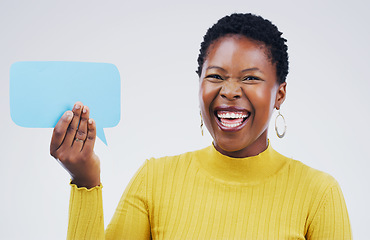 Image showing Happy black woman, portrait and speech bubble for social media, question or FAQ against a white studio background. Excited African female person with smile or sign in comment, message or mockup space