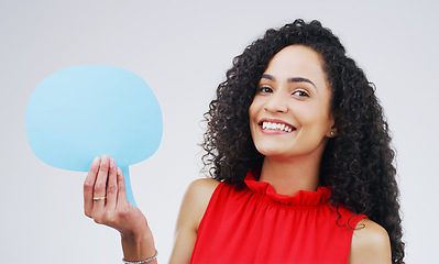 Image showing Happy woman, portrait and face with speech bubble for social media, FAQ or question on a white studio background. Female person smiling with shape, symbol or sign for comment, message or mockup space
