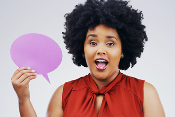 Image showing Happy woman, portrait and speech bubble for question, surprise or social media against a white studio background. Female person smiling with afro or sign for comment, message or FAQ on mockup space