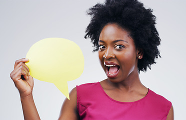 Image showing Happy black woman, portrait and speech bubble in surprise for question or social media against a white studio background. African female person with afro or sign for comment or FAQ on mockup space