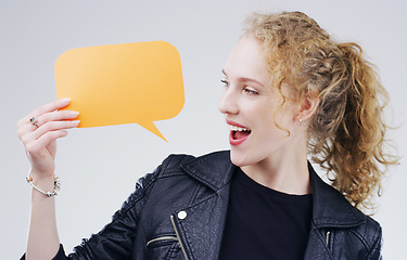 Image showing Woman, speech bubble and social media with mockup space and online branding on white background. Communication, excited about announcement and happy female person with news and advertising in studio