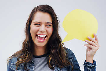 Image showing Woman is happy, speech bubble and social media with mockup space and online branding on white background. Communication, announcement and excited female person with news and advertising in studio