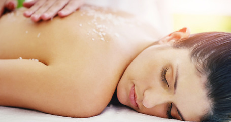 Image showing Spa, relax and woman doing back scrub skincare as self love, cosmetic and luxury stress relief with salt for the body. Massage, beauty and person in a dermatology salon to exfoliate for wellness