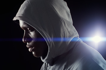 Image showing Fitness, night and face of black man with focus in city for workout, exercise and marathon training. Sports, strong and profile of male athlete with dedication, motivation and serious for running