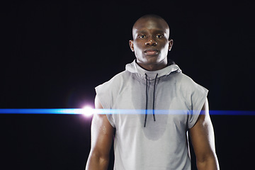 Image showing Fitness, workout and portrait of black man with sweat On dark background for running, exercise and training. Sports mockup, serious face and male person with light, dedication and motivation or focus