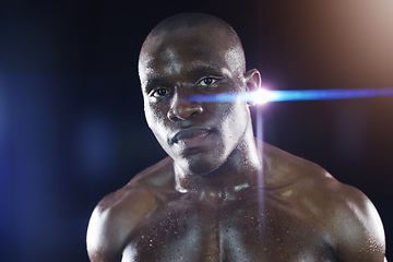 Image showing Muscle, fitness and portrait of black man with sweat on dark background for workout, exercise and training. Sports, power and face of serious male body builder with dedication, motivation and focus