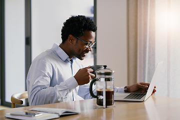 Image showing Black man, coffee and laptop with a web call and meeting of freelancer worker at a table. Work from home, email and morning with a African male person on a computer for webinar and video conference