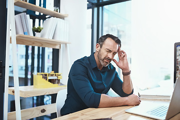 Image showing Migraine, stress and businessman with burnout in the office while working on a project. Medical emergency, healthcare and tired mature professional male employee with a headache in the workplace.