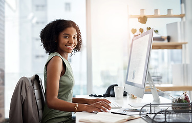 Image showing Black woman in business, computer screen and smile in portrait, working on corporate report or proposal. Data analyst, review of article and happy female employee in office with productivity