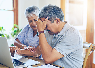 Image showing Debt, stress and senior couple with finance bills, paperwork and insurance documents on laptop. Retirement, anxiety and elderly man and woman worry for mortgage payment, investment and budget at home