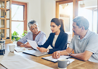 Image showing Finance, budget and senior couple with advisor for bills, paperwork and life insurance documents. Retirement, consultant and elderly man and woman with financial planner for pension, loan or mortgage