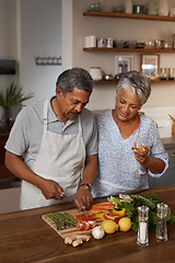 Image showing Marriage, old man and woman with wine, cooking in kitchen and healthy food, bonding together in home. Drink, glass and vegetables, senior couple with vegetable meal prep and wellness in retirement.