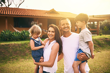 Image showing Family, bonding and garden with father, mother and kids with happiness and new home. Outdoor, mockup and lens flare of a mom, dad and children together on a lawn and backyard with a smile and care