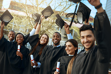 Image showing Celebration, university and hats for group of graduates together with joy, graduation day and academic achievement outdoors. Education, young and students diversity in success and happy outside