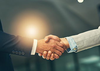 Image showing Handshake, agreement and hands of business men in office for partnership, recruitment deal and thank you. Corporate, collaboration and male workers shaking hand for onboarding, support and teamwork