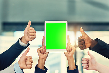 Image showing Green screen, thumbs up and hands of business people on tablet for website, contact us and internet app. Mockup screen, digital tech and workers with like and approval for advertising and promotion