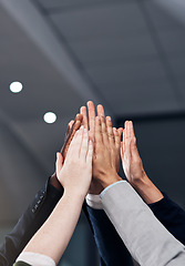 Image showing High five, success and hands of business people in office for celebration, team building and motivation. Corporate, collaboration and workers with hand together for agreement, support and team goal