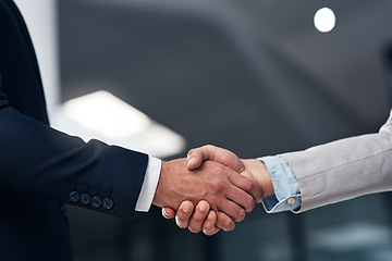 Image showing Handshake, partnership and hands of business men in office for agreement, recruitment deal and thank you. Corporate, collaboration and male workers shaking hand for onboarding, support and teamwork