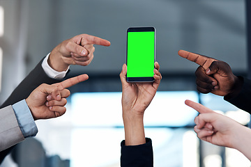 Image showing Green screen, pointing and business people with phone in office for branding, contact us and mobile app. Mockup space, communication and hands point for social media, advertising or website promotion