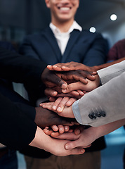 Image showing Teamwork, support and hands stack of business people in office for celebration, team building and community. Corporate, diversity and workers with hand together for solidarity, success and goal