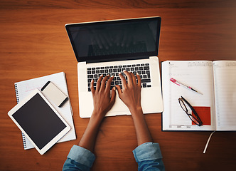 Image showing Woman hands, online typing and laptop with education and learning notes at home. Top, female person and computer working with studying, student notebook and writing in a house doing web research